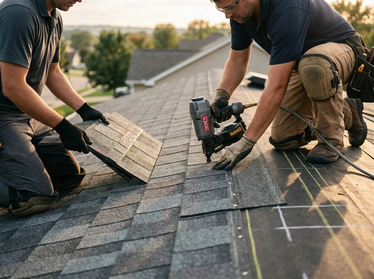 Professional roofer working on a residential roof in Plattekill